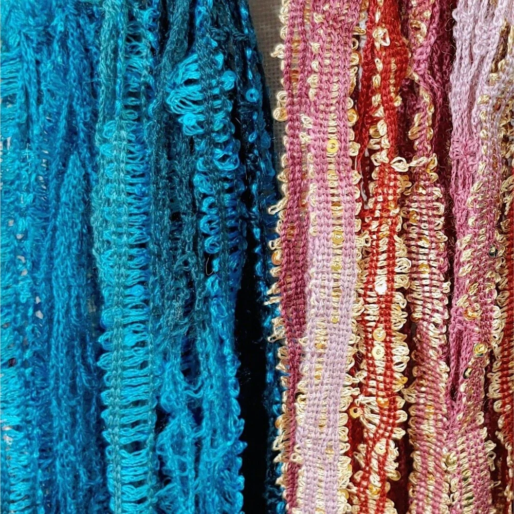 Boho Garland Wall Hanging Decor Wooden Beads Lace Ribbons Blue Pink Gold NEW